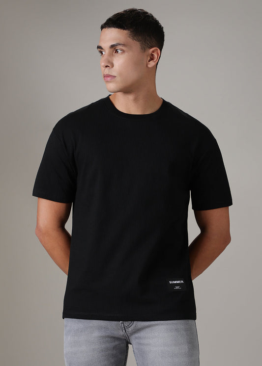 Black Plain Ribbed Regular Fit T-shirt