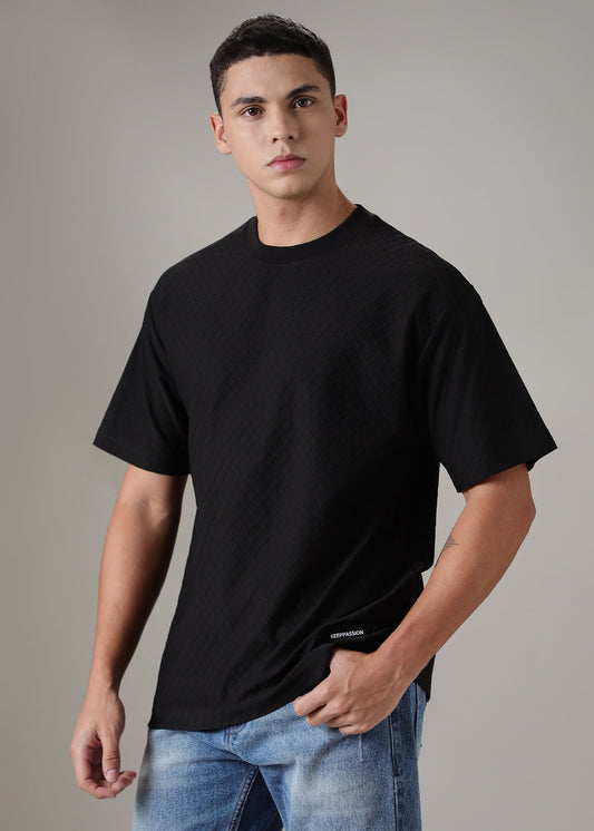 Black Plain Textured Regular Fit T-shirt
