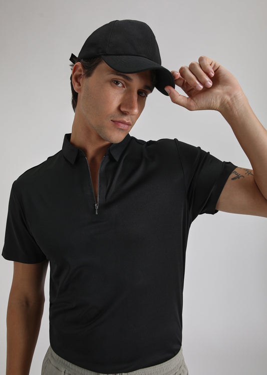 Black Plain Zipper Stitchless Polo T-shirt