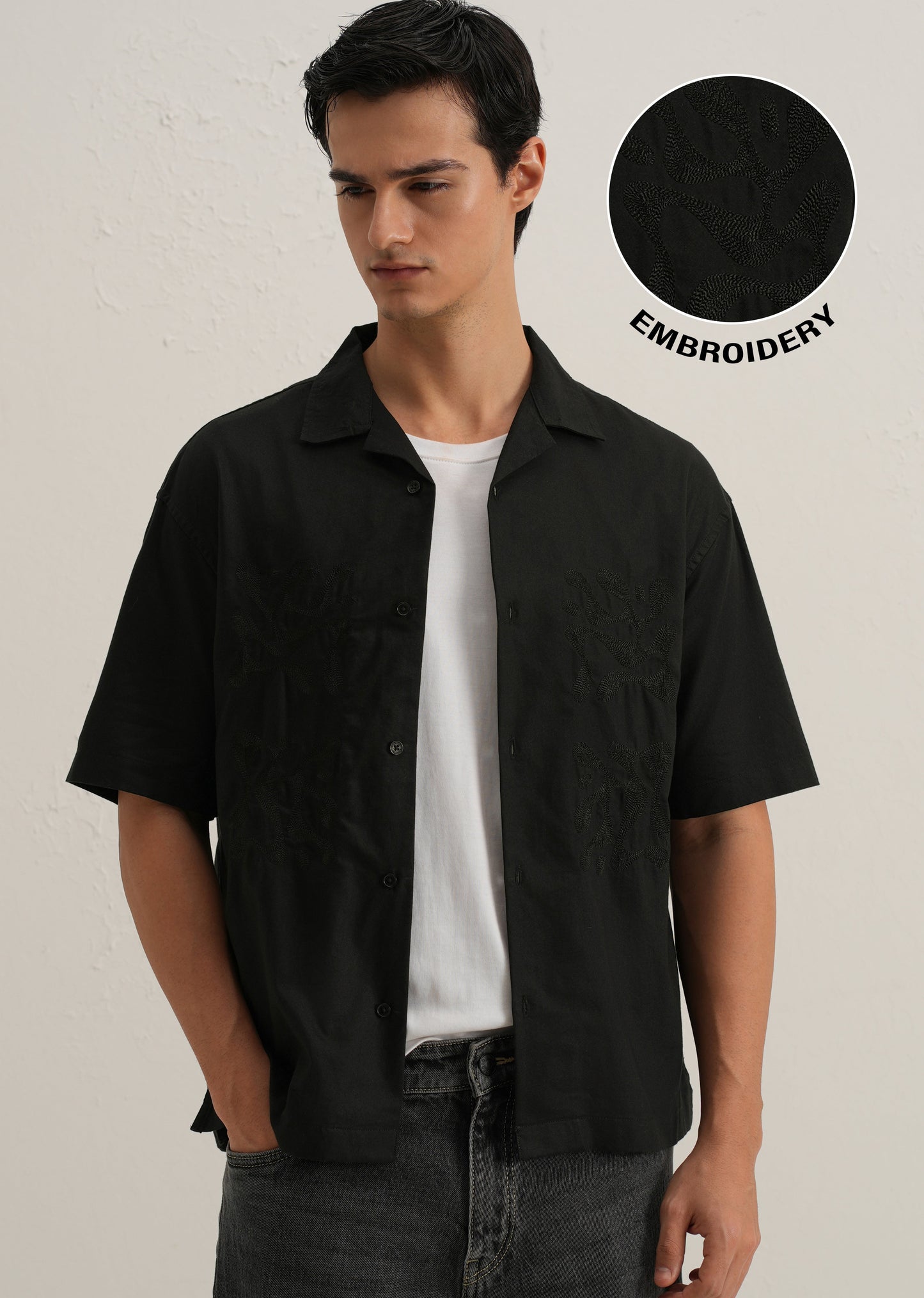 Black Embroidery Cuban Collar Cotton Shirt