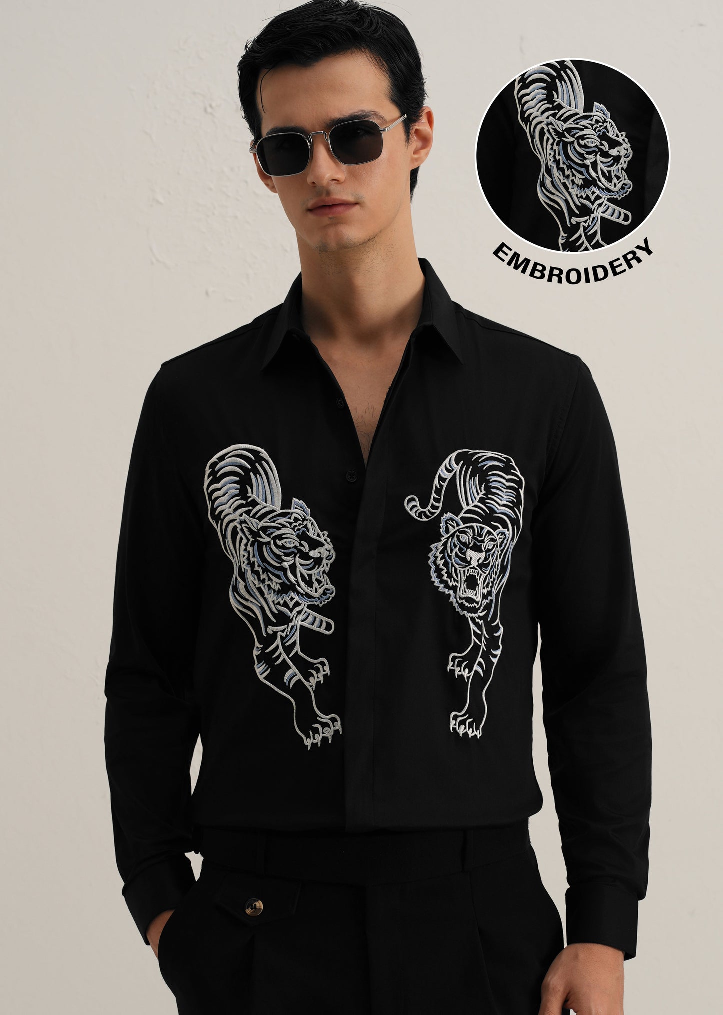 Black Tiger Embroidered Designer Shirt