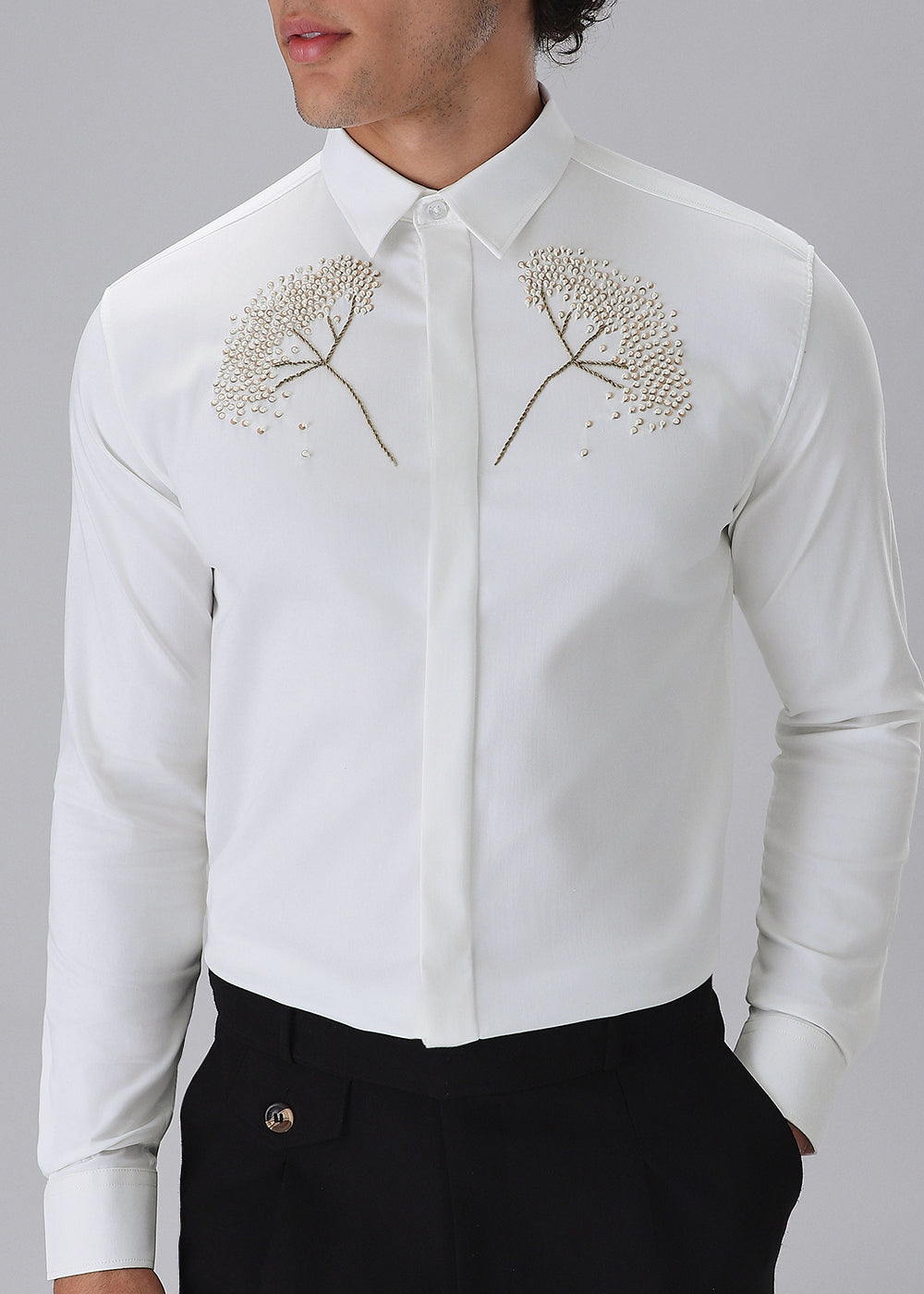 Hand Embroidered White Designer Shirt