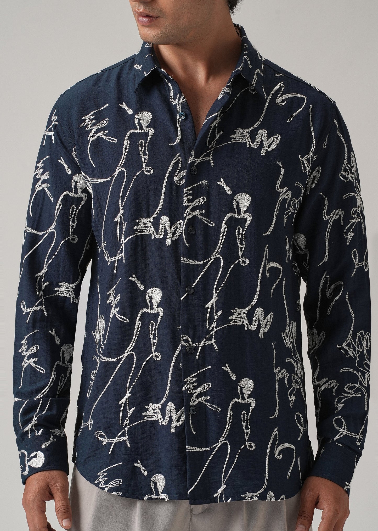 Blue Line Art Embroidery Shirt