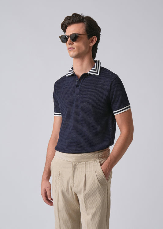 Blue Open Knitted Polo T-shirt