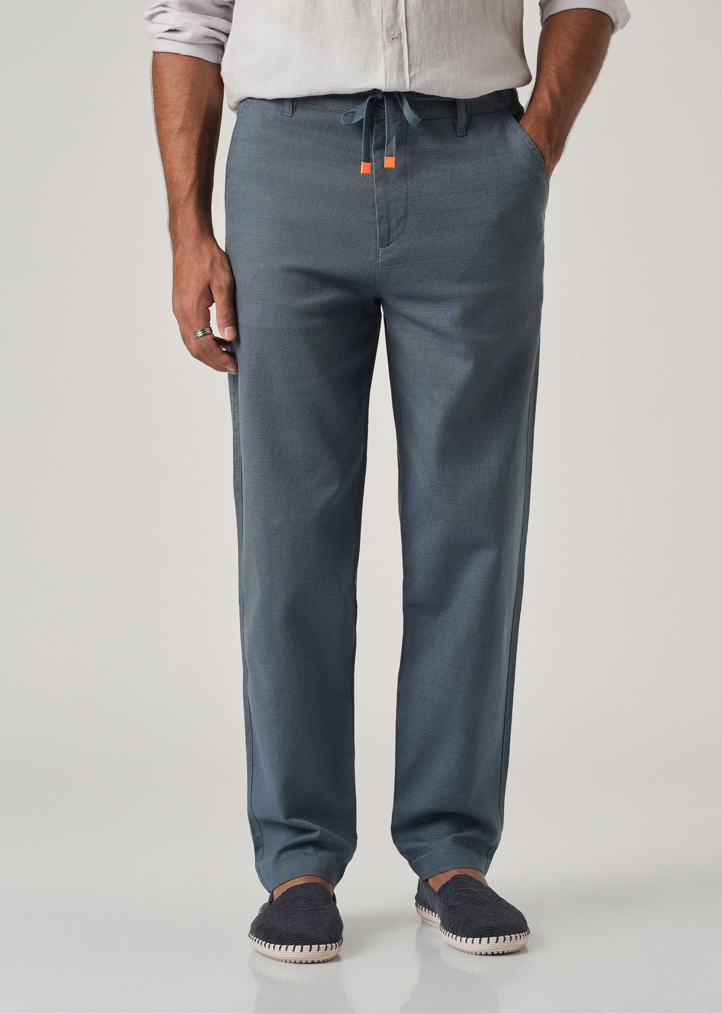 Blue Linen-Look Cotton Trousers