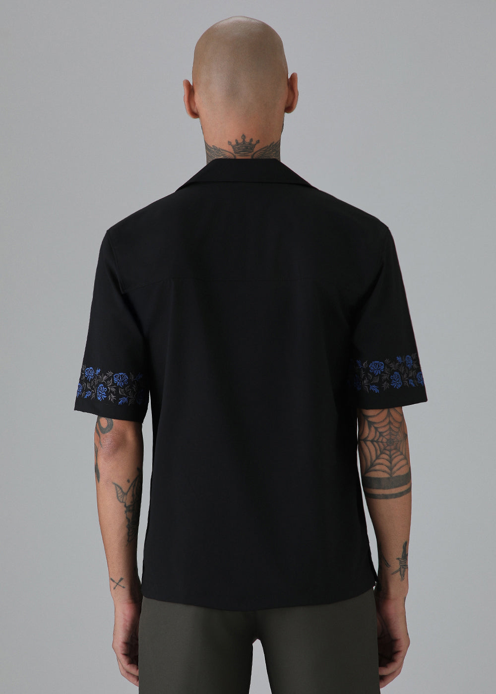 Blue Rose Embroidery Black Shirt