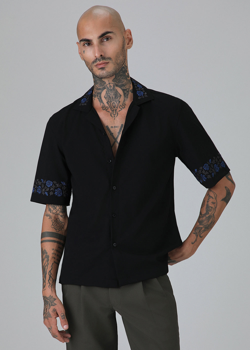 Blue Rose Embroidery Black Shirt