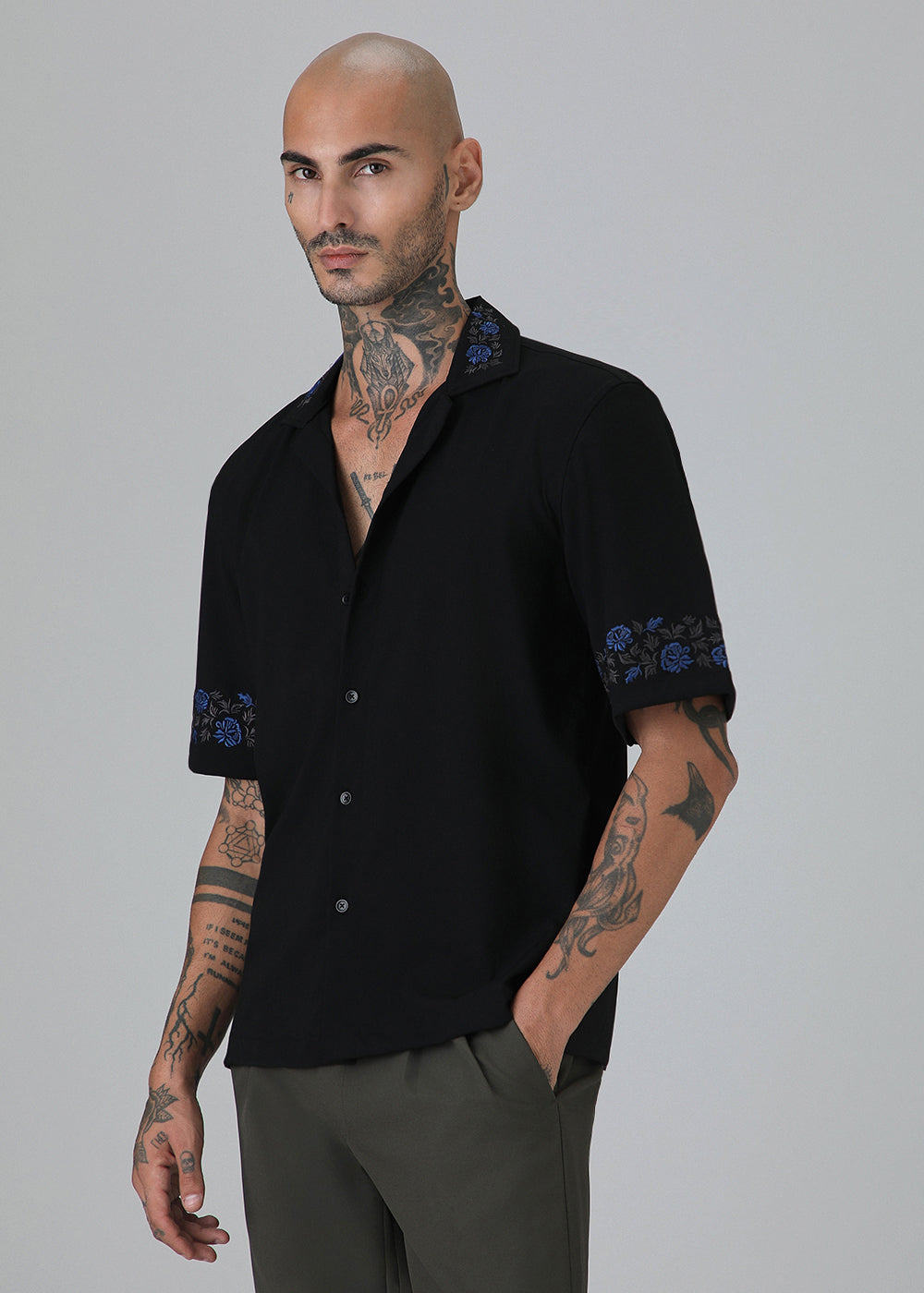Blue Rose Embroidery Black Shirt