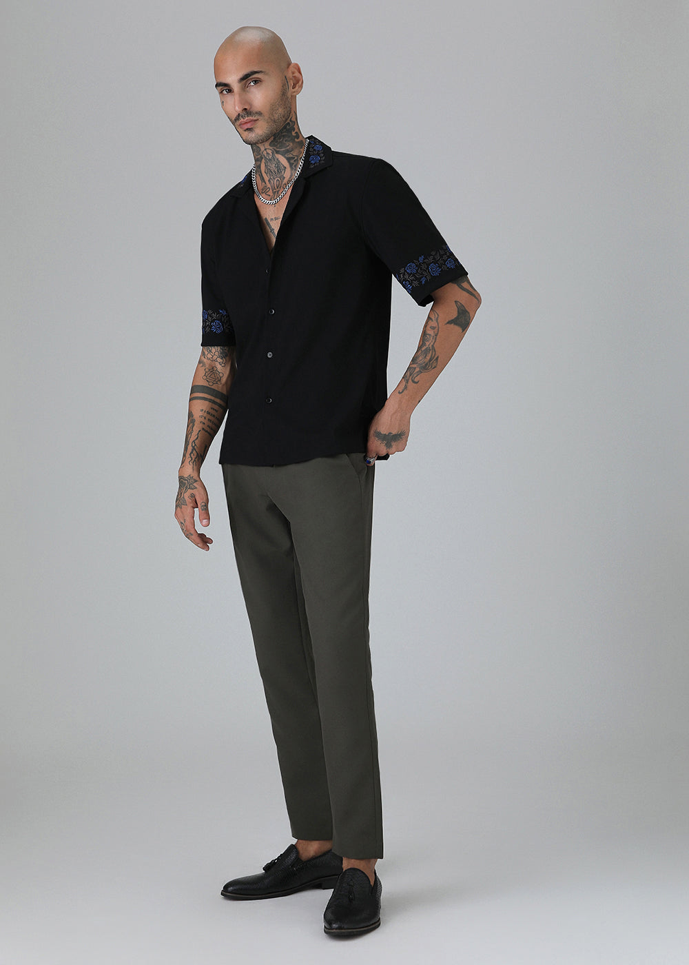 Blue Rose Embroidery Black Shirt