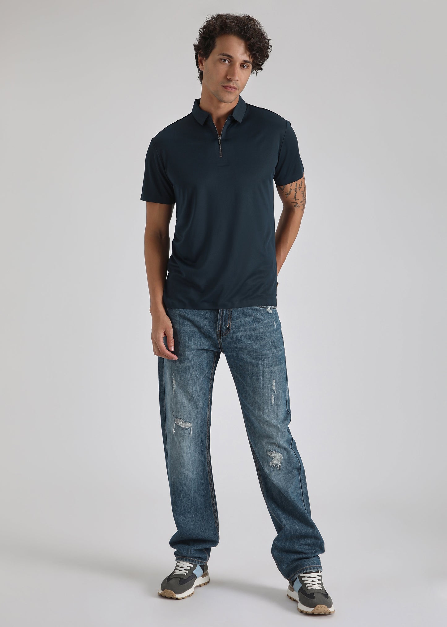 Blue Plain Zipper Stitchless Polo T-shirt