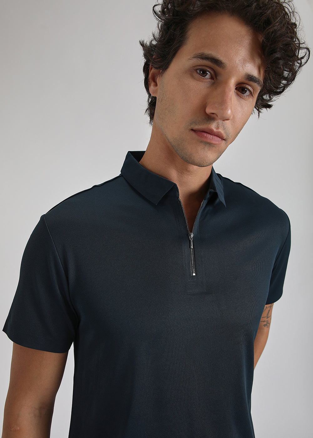 Blue Plain Zipper Stitchless Polo T-shirt