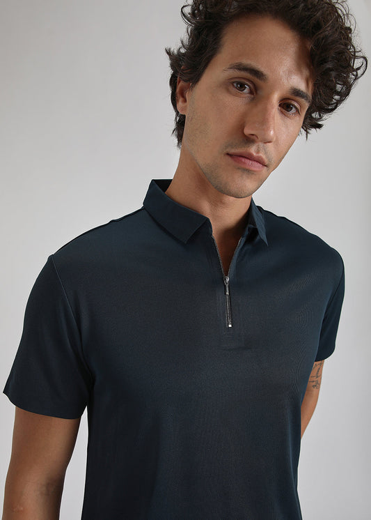 Blue Plain Zipper Stitchless Polo T-shirt