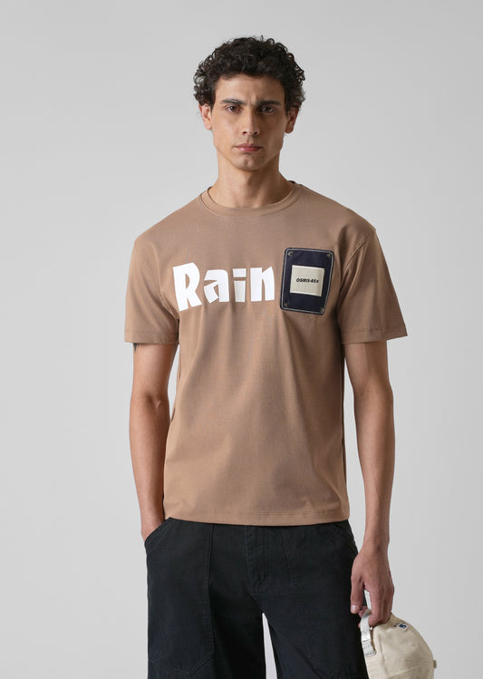 Brown Printed Patch Slim Fit T-shirt