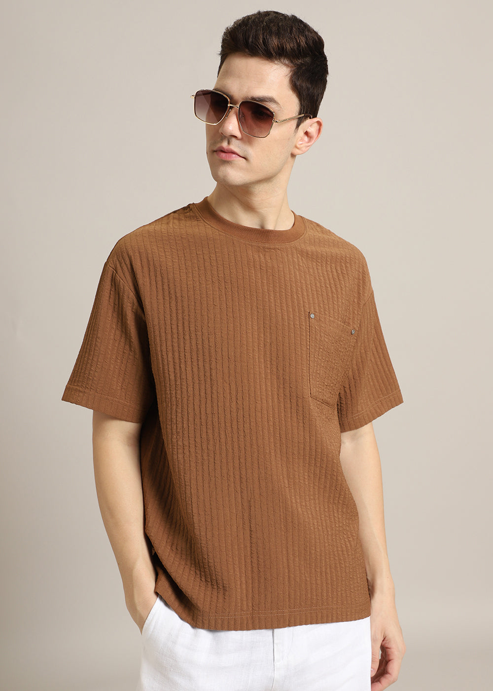 Brown Plain Textured Oversized T-shirt