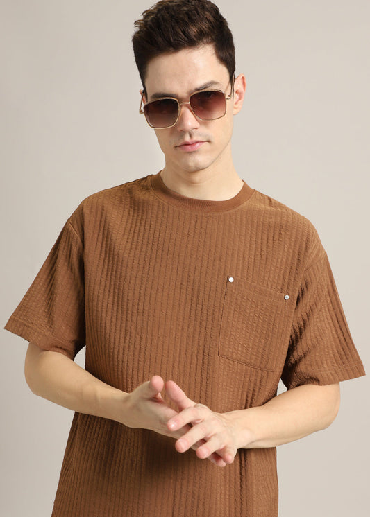 Brown Plain Textured Oversized T-shirt