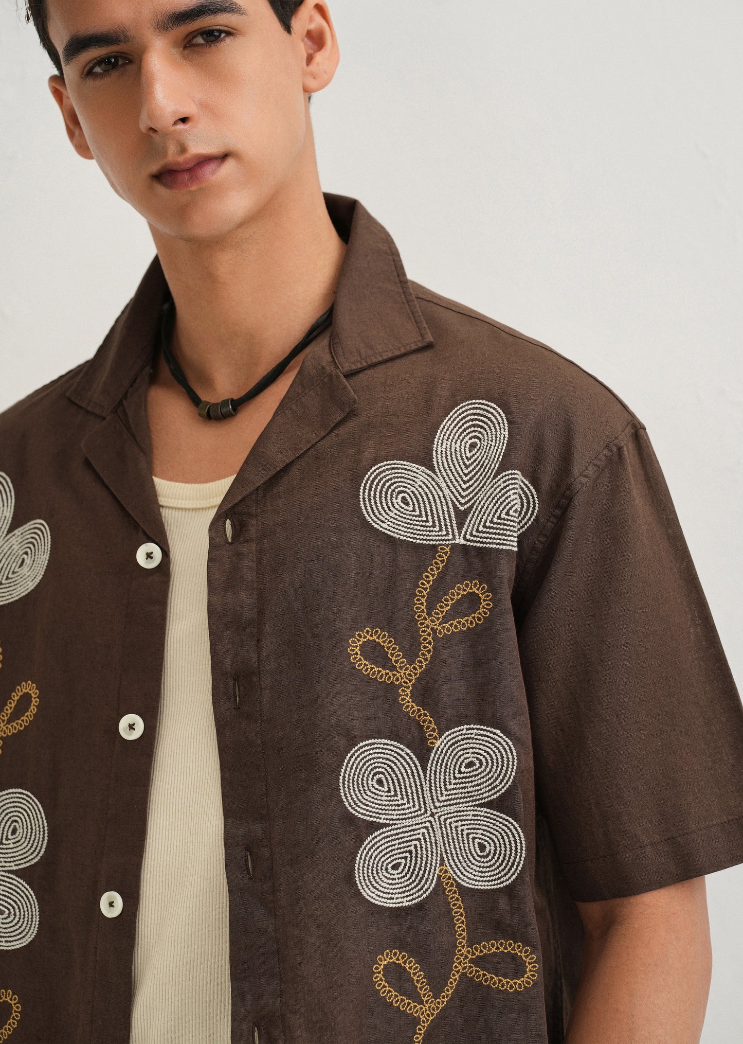 Coffee Brown Embroidery Cuban Collar Shirt