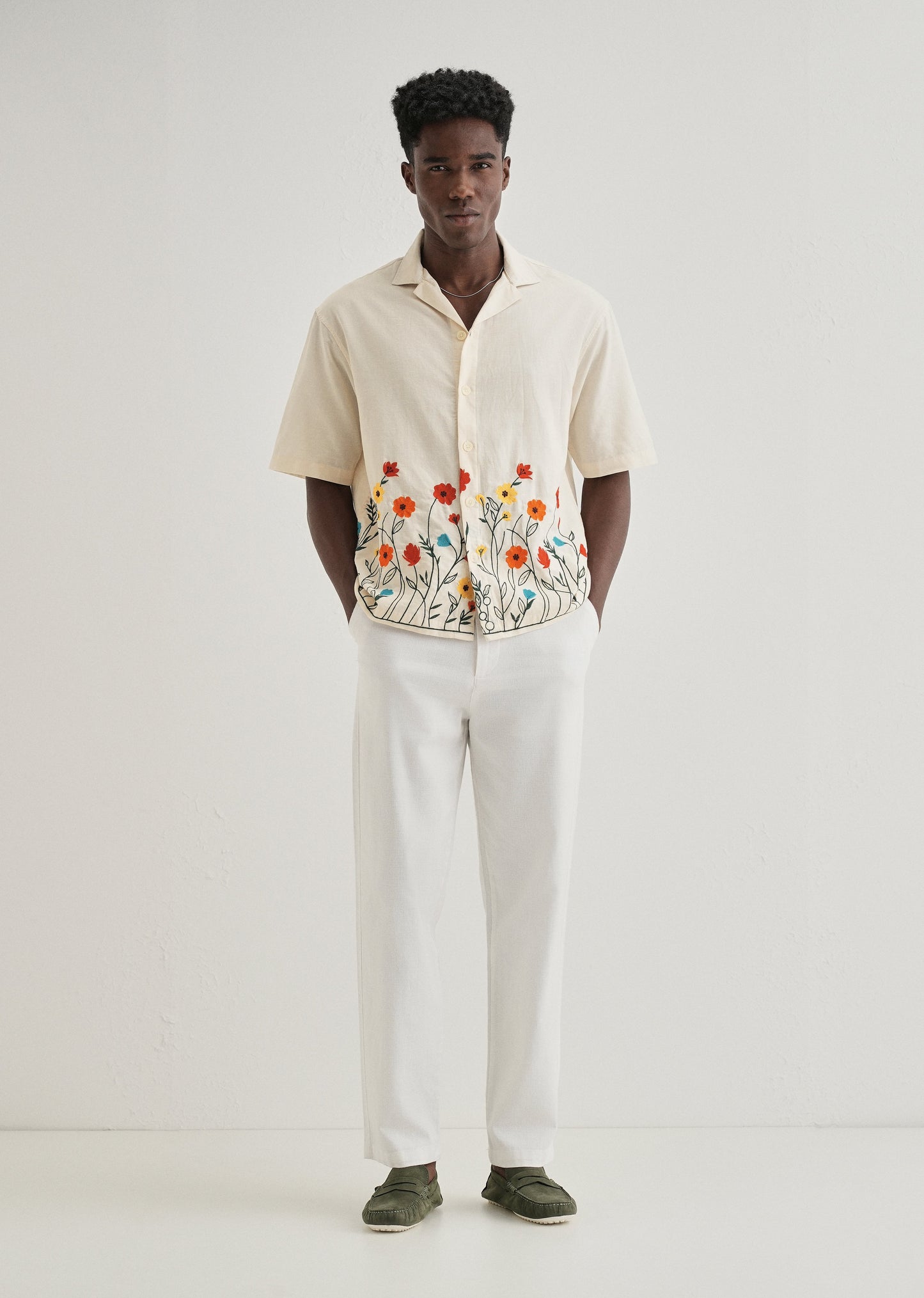Cream Embroidered Cotton Linen Shirt