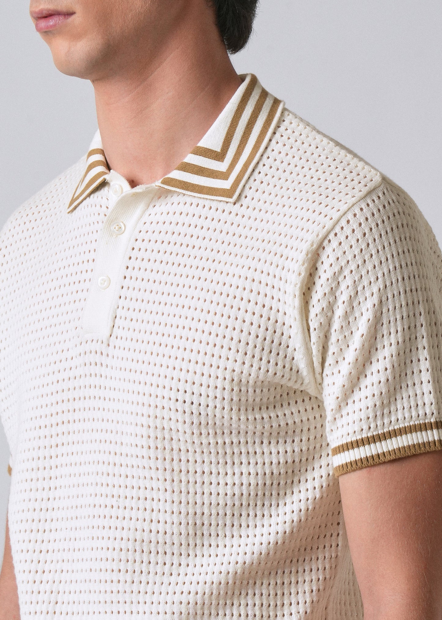Cream Open Knitted Polo T-shirt