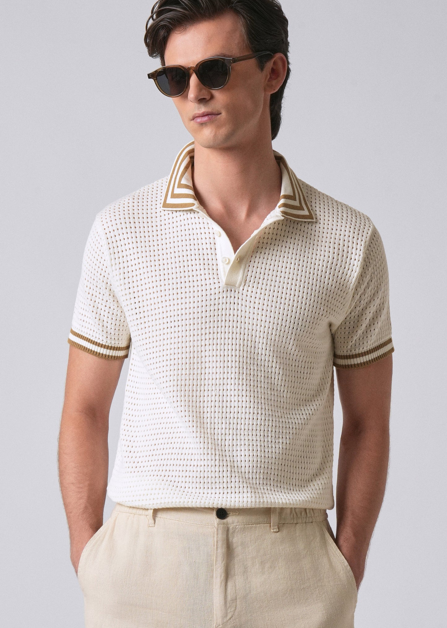 Cream Open Knitted Polo T-shirt
