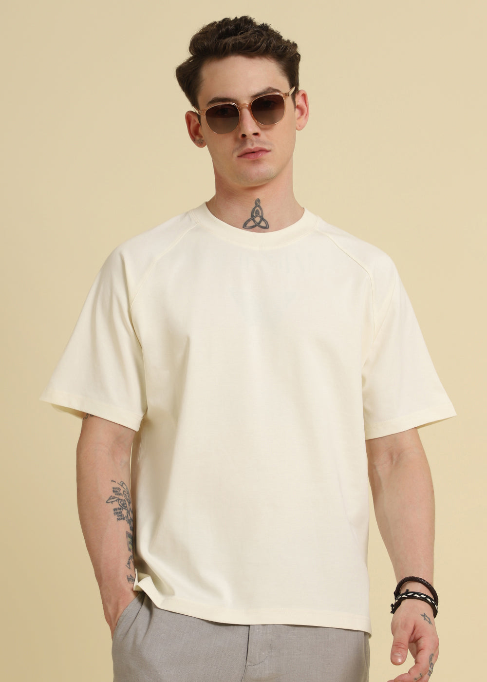 Cream Plain Raglan Sleeve Oversized T-Shirt