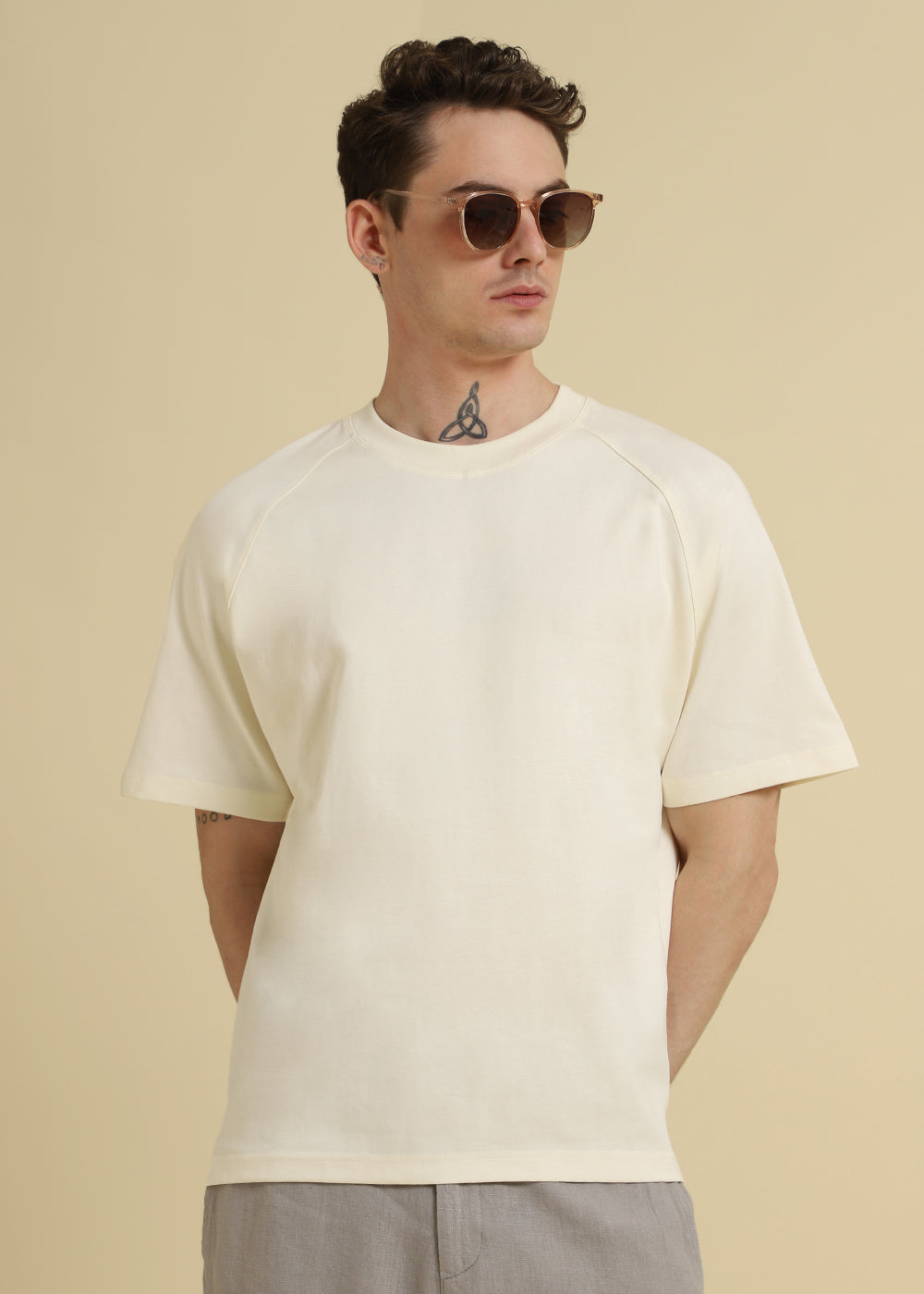 Cream Plain Raglan Sleeve Oversized T-Shirt