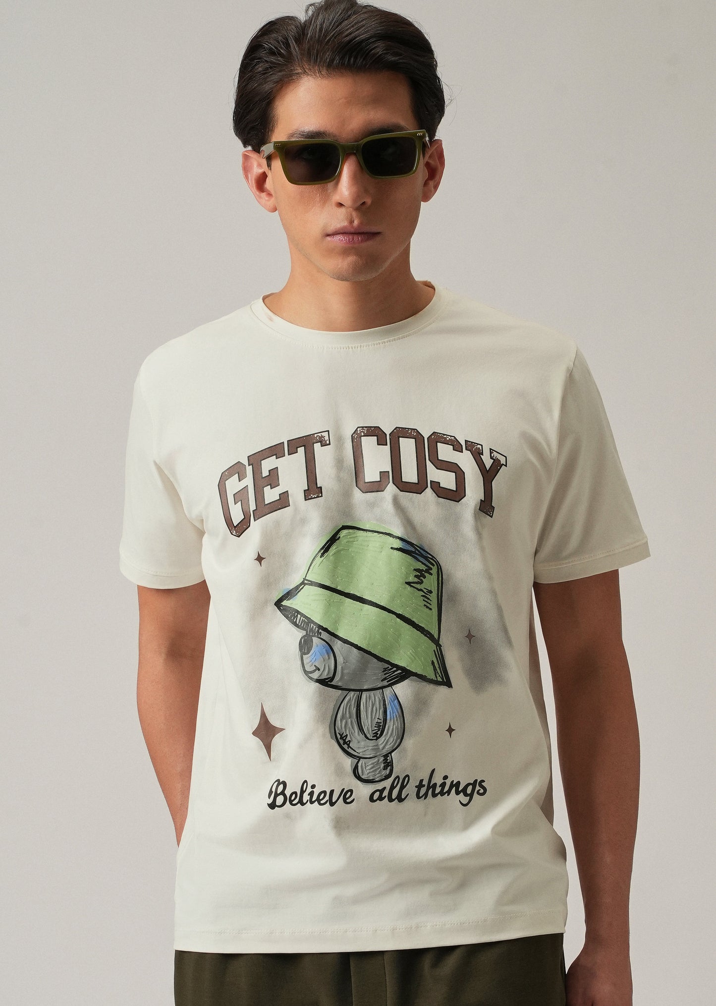Cream Printed Slim Fit T-Shirt