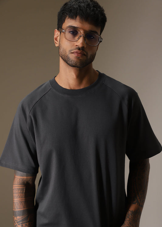 Cut And Sew Dark Grey Plain Oversized T-shirt