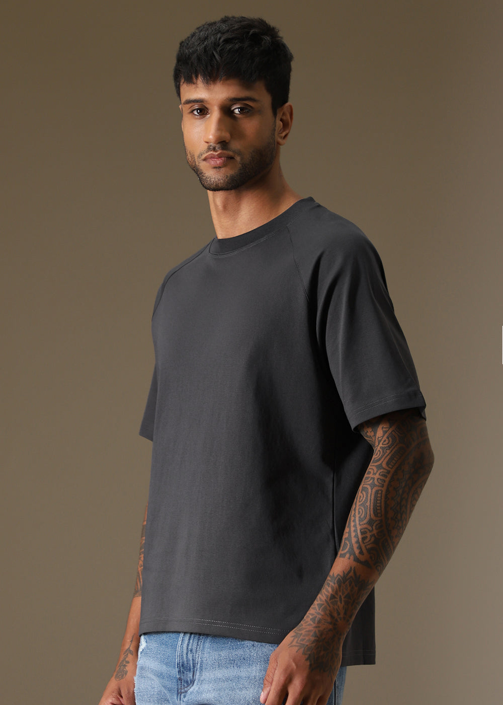 Cut And Sew Dark Grey Plain Oversized T-shirt