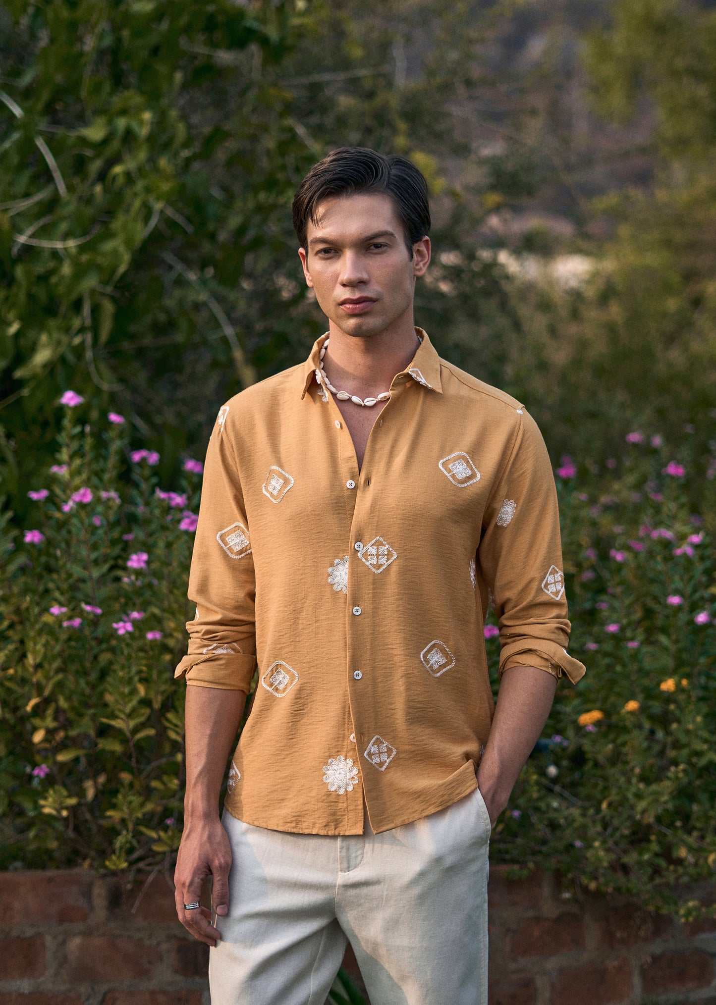 Mustard Motif Embroidery Shirt