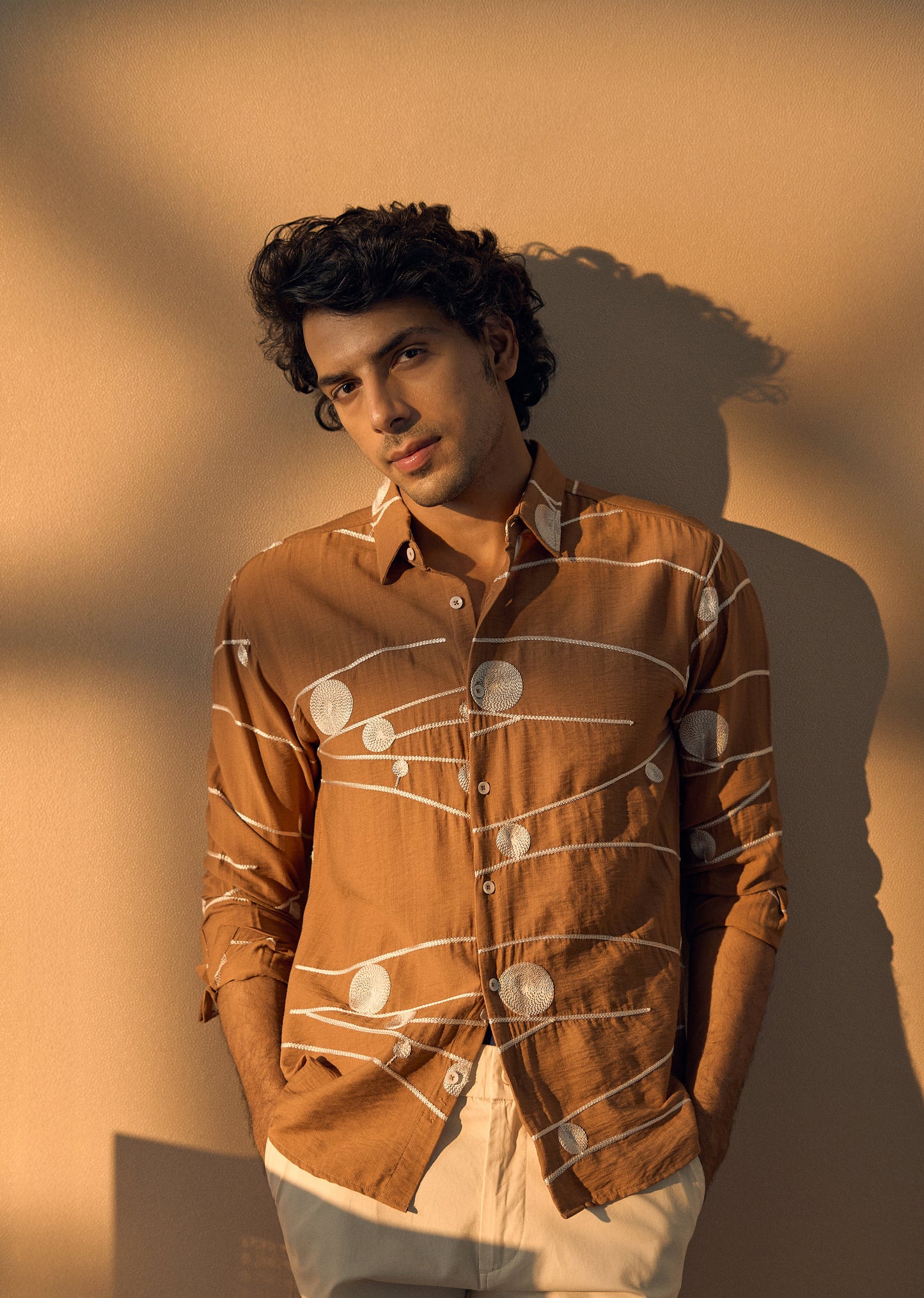 Brown Orb and Line Embroidery Shirt