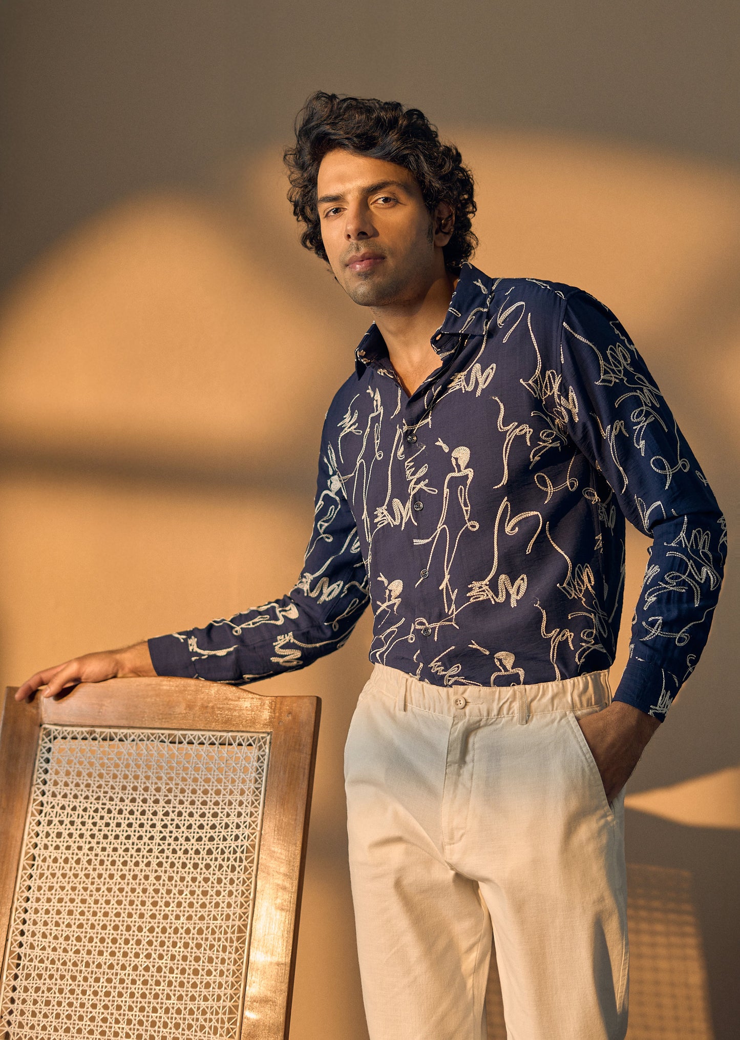 Blue Line Art Embroidery Shirt