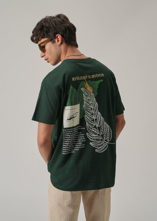 Dark Green Back Printed Oversized T-Shirt