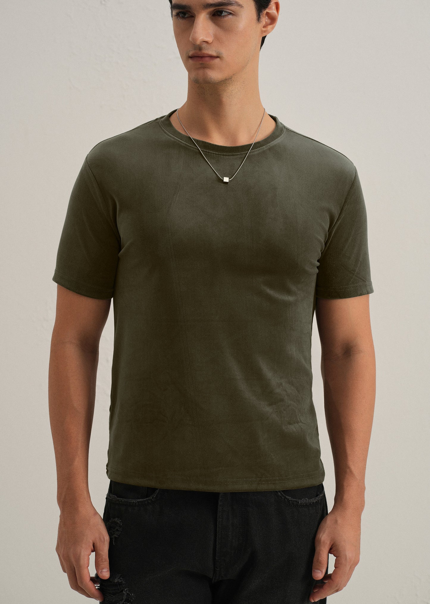 Dark Olive Plain Suede T-shirt
