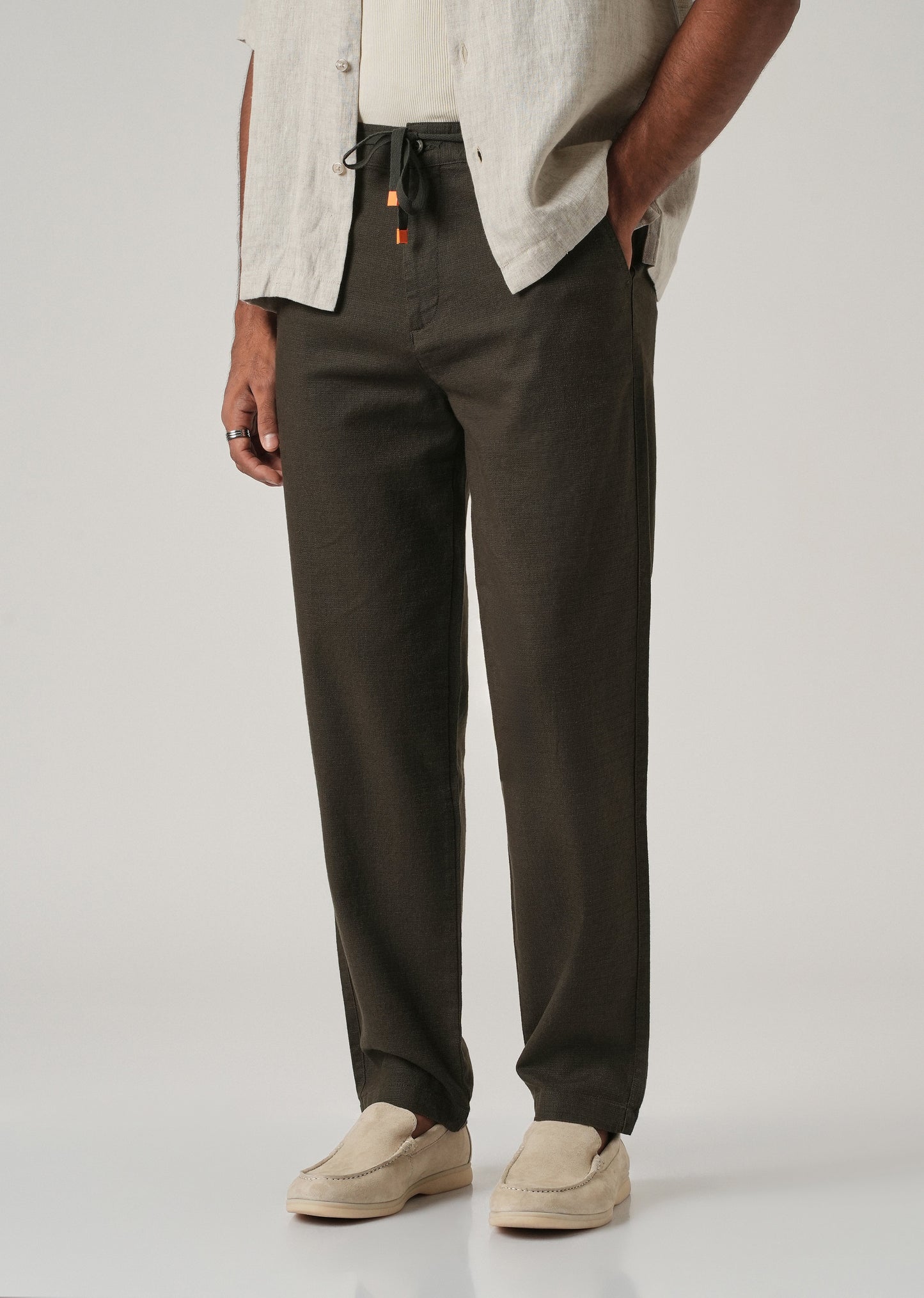 Dark Olive Linen-Look Cotton Trousers