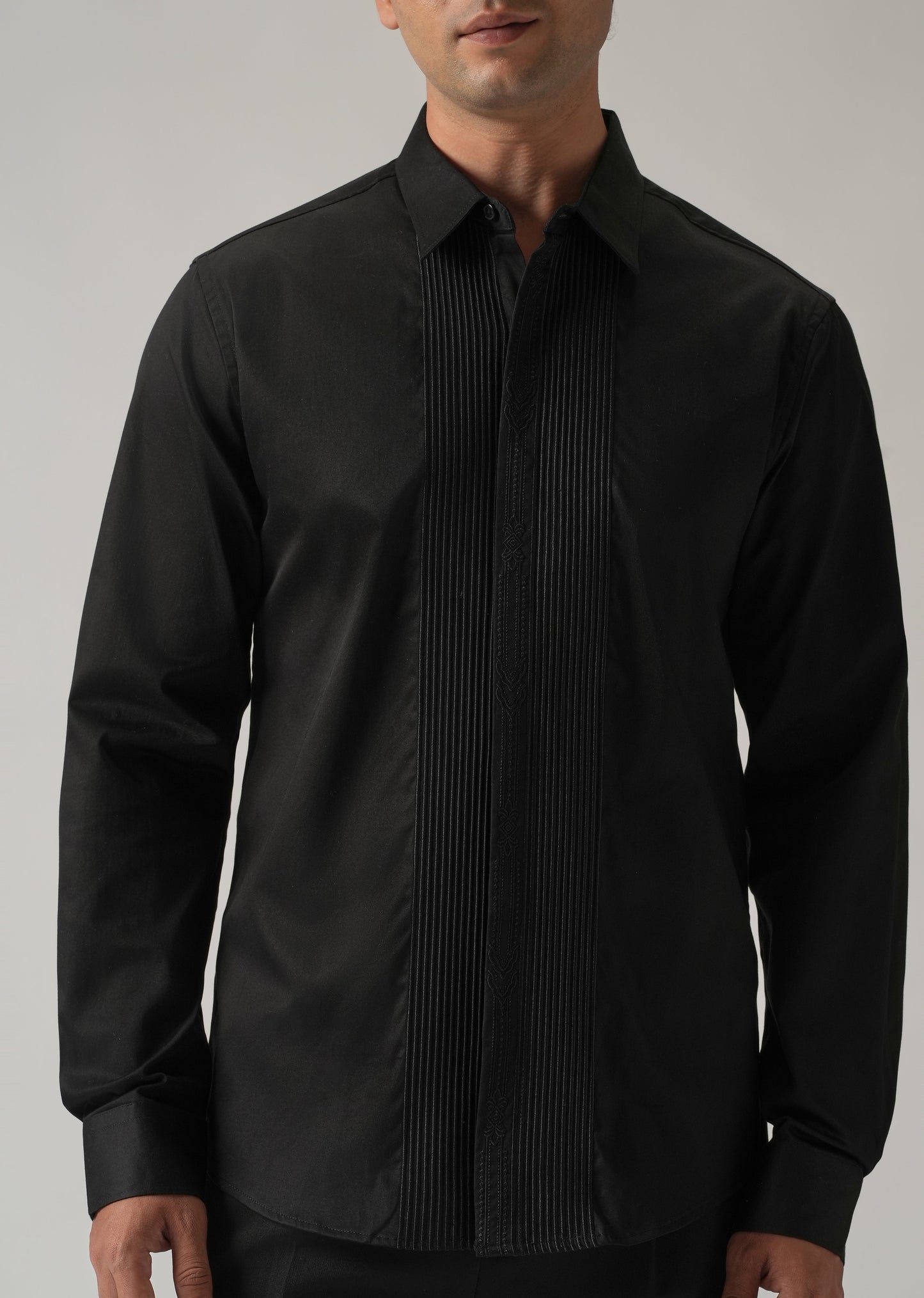 Embroidered Panel Black Designer Shirt