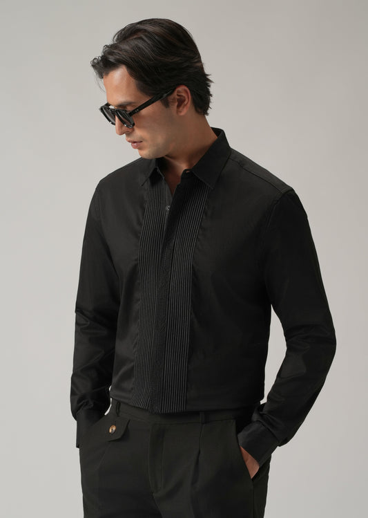 Embroidered Panel Black Designer Shirt