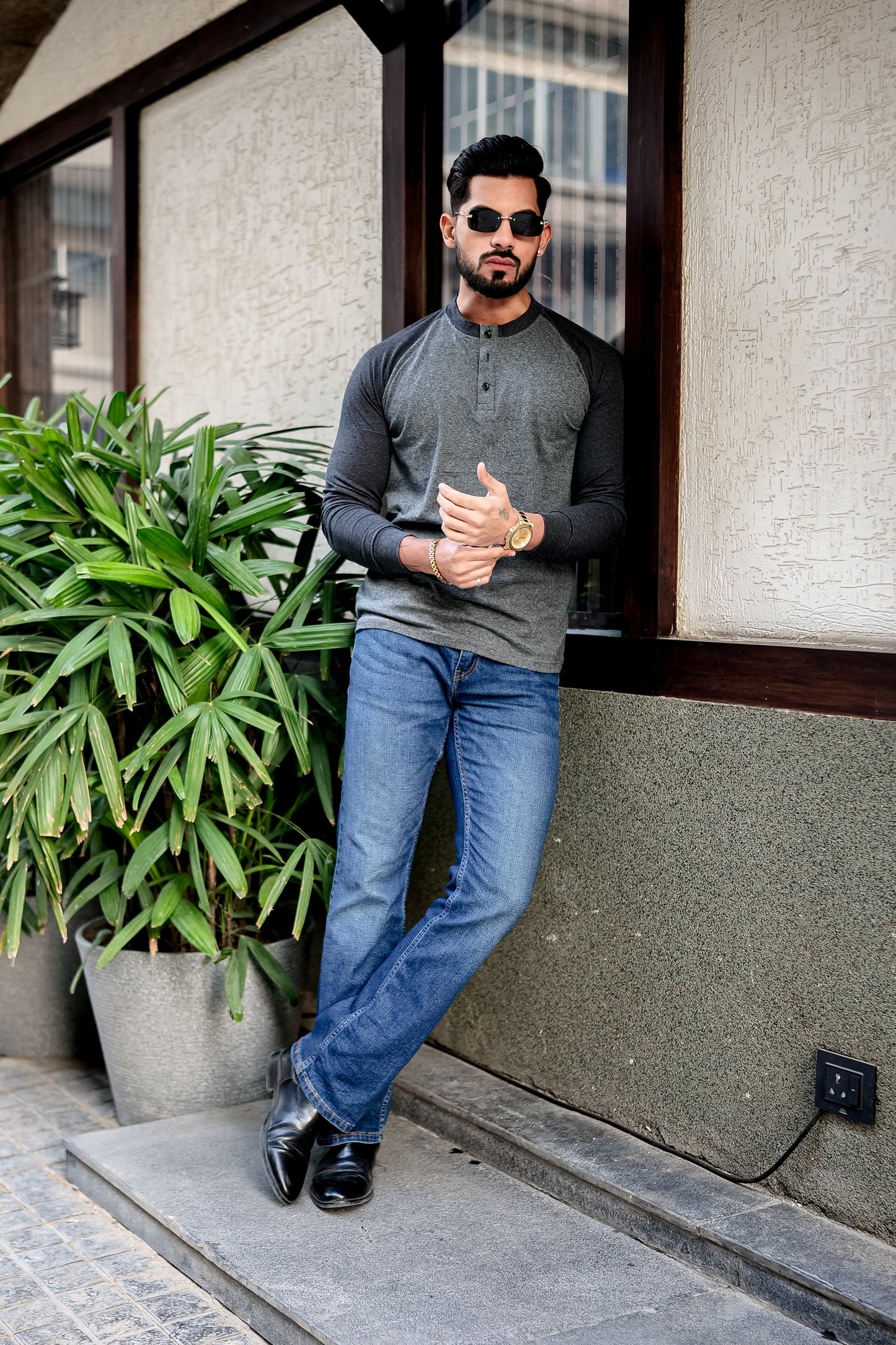 Grey Black Raglan Henley T-Shirt