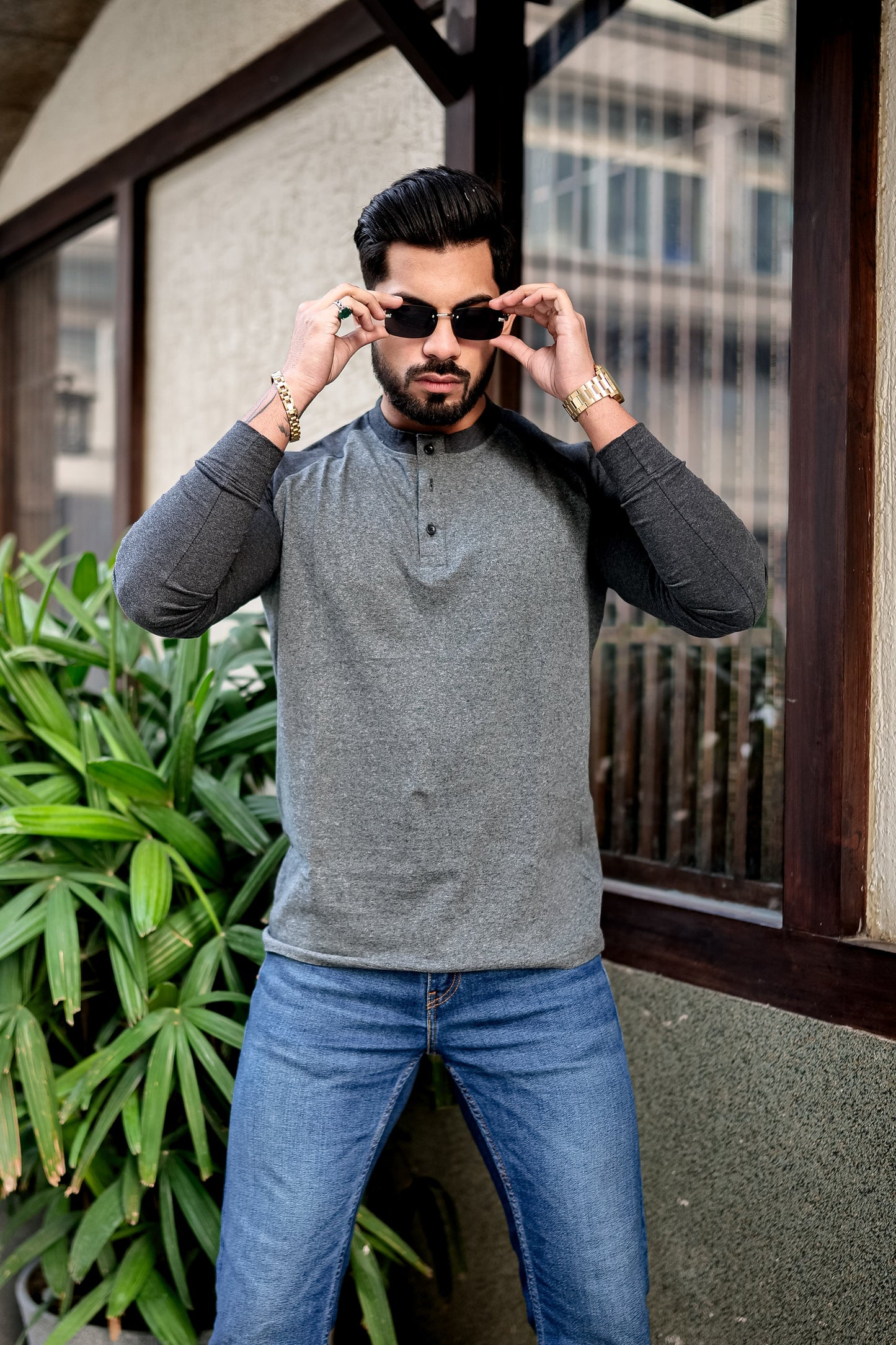 Grey Black Raglan Henley T-Shirt