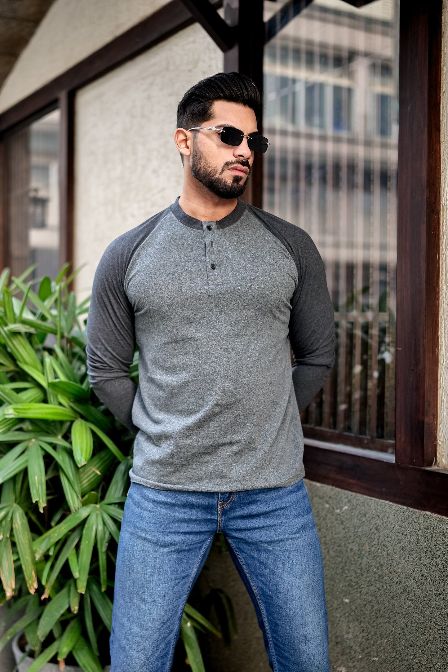 Grey Black Raglan Henley T-Shirt