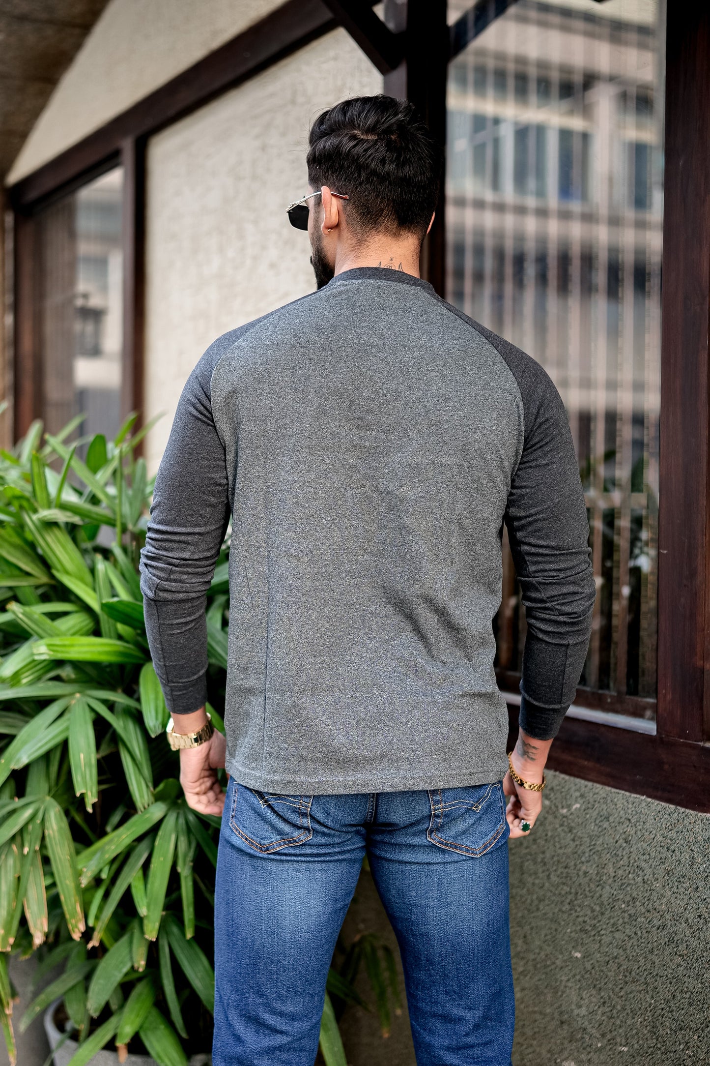 Grey Black Raglan Henley T-Shirt