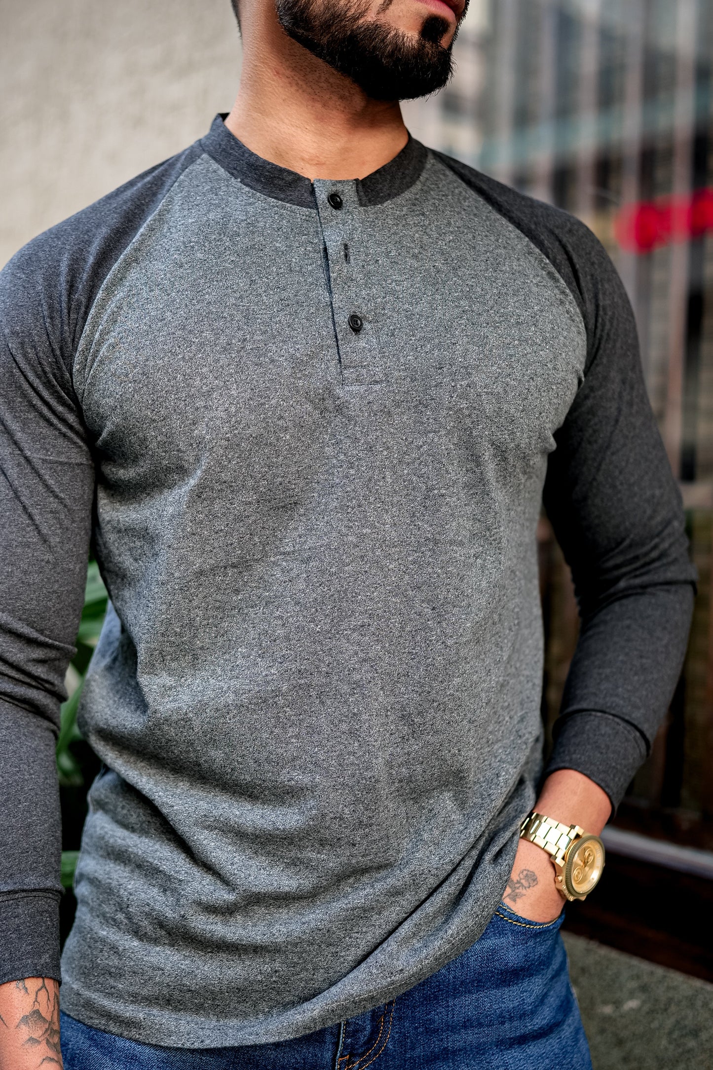 Grey Black Raglan Henley T-Shirt