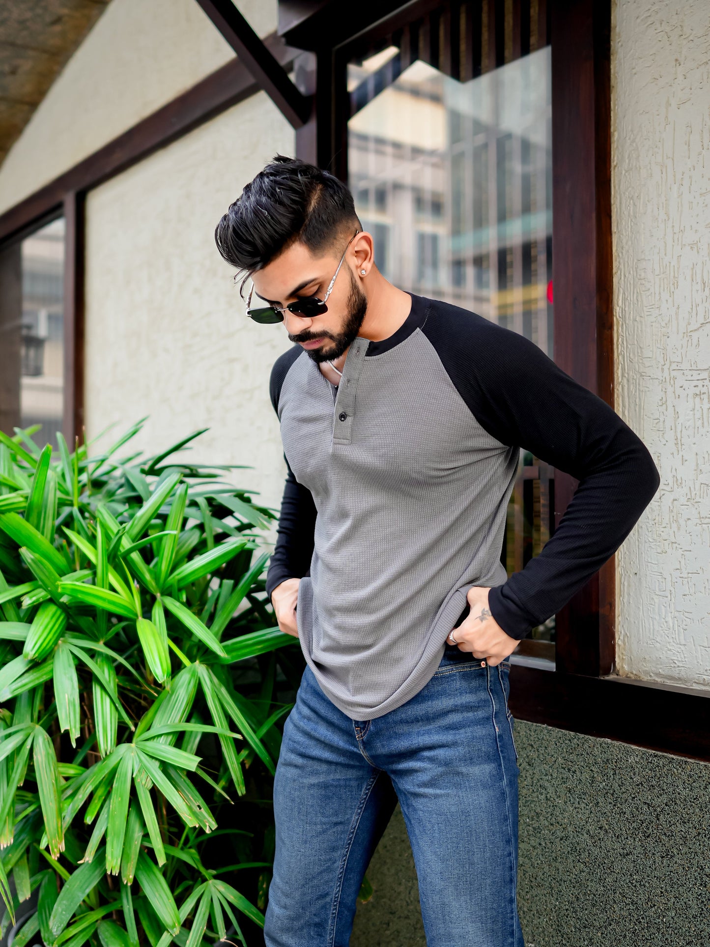 Grey Black Waffle Raglan Full Sleeve T-Shirt