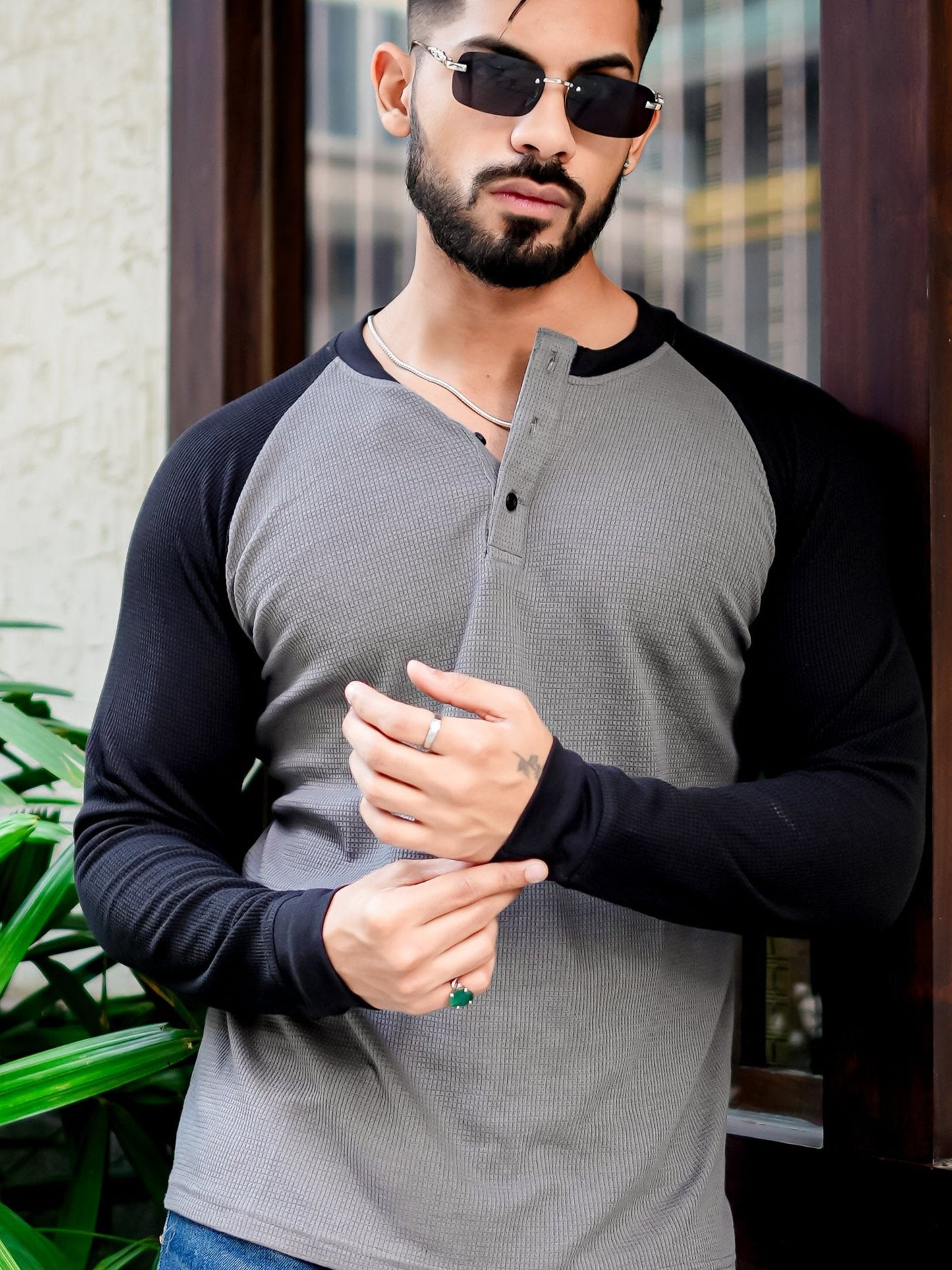 Grey Black Waffle Raglan Full Sleeve T-Shirt