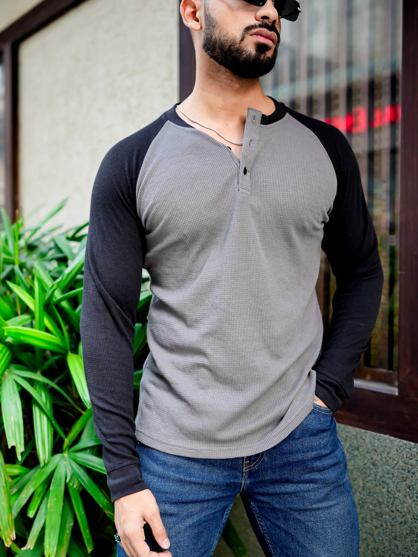 Grey Black Waffle Raglan Full Sleeve T-Shirt