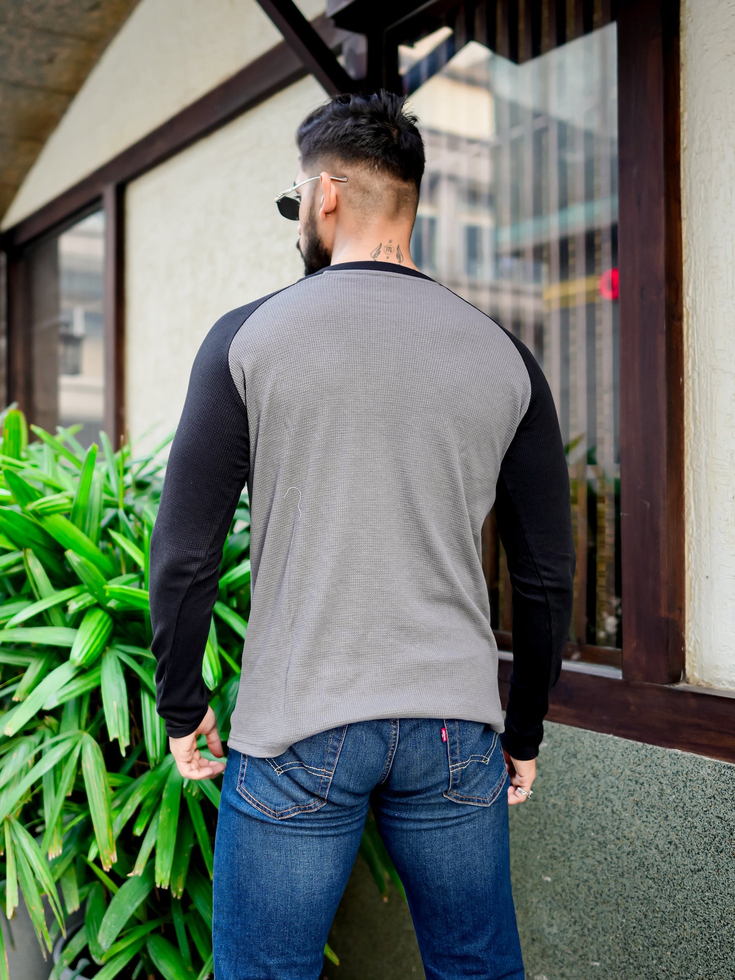 Grey Black Waffle Raglan Full Sleeve T-Shirt