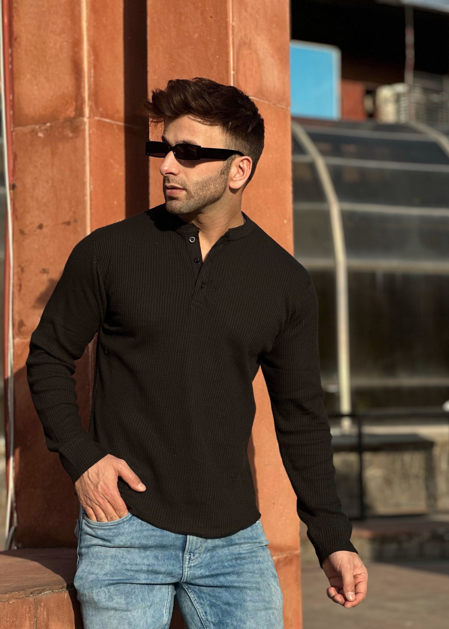 Black Self Waffle Knit Henley T-Shirt
