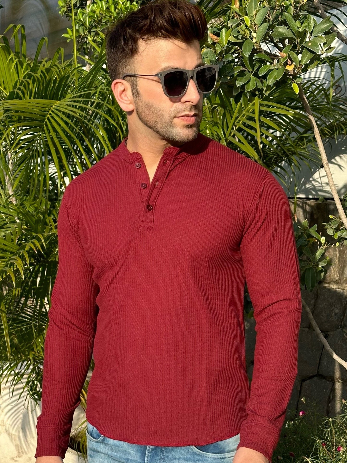 Maroon Self Waffle Knit Henley T-Shirt