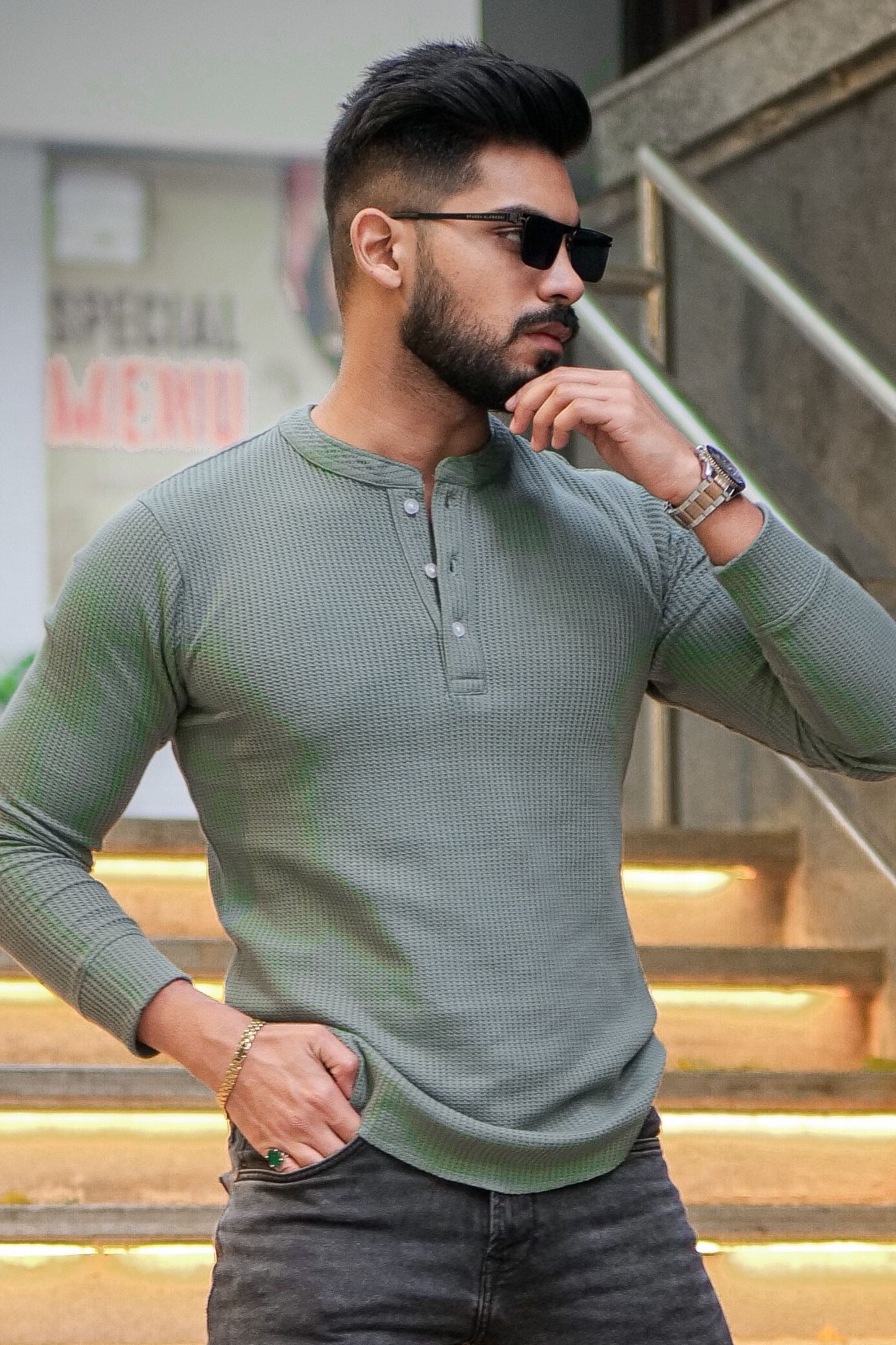 Greenish Grey Self Waffle Knit Henley T-Shirt