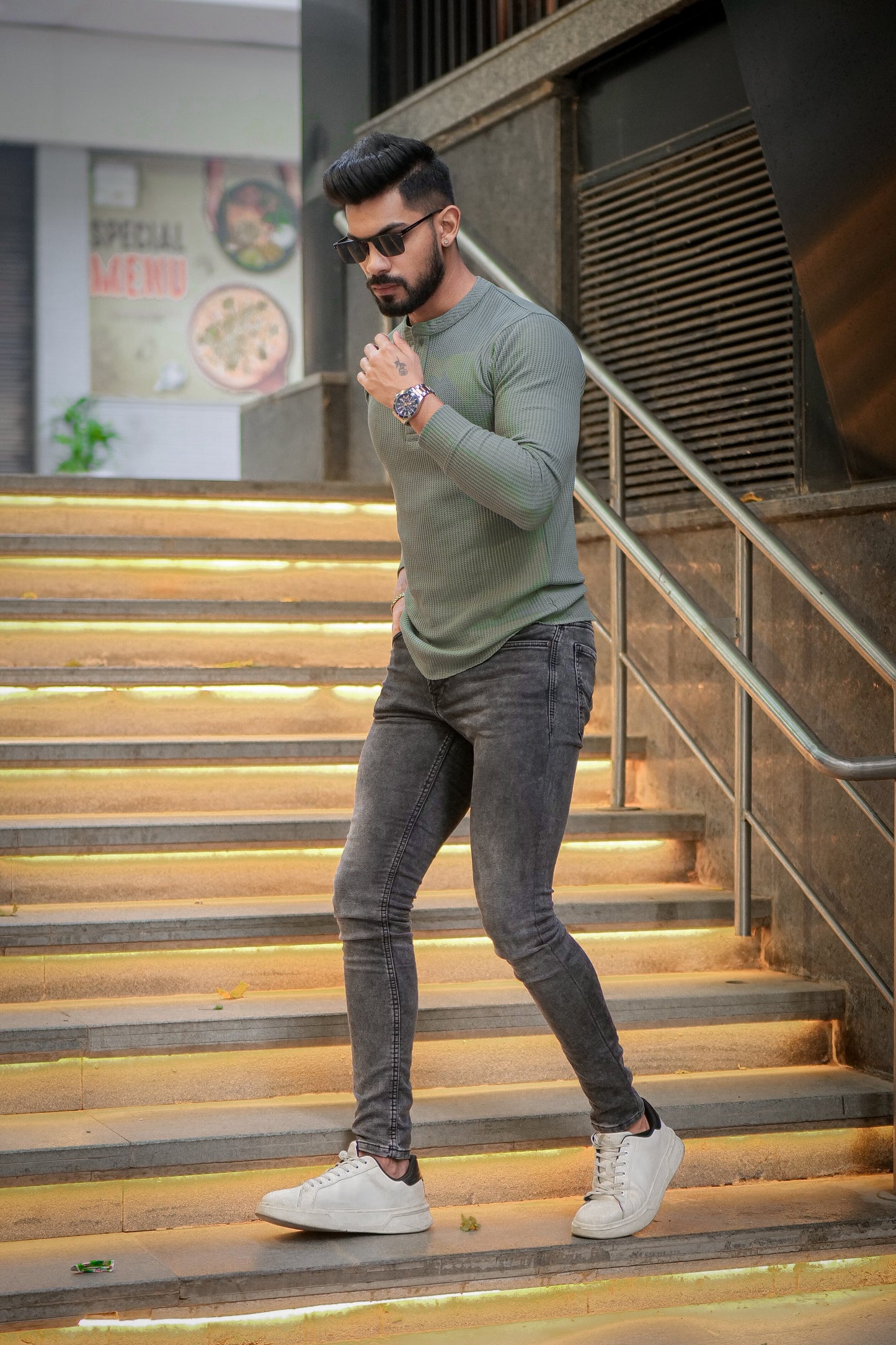 Greenish Grey Self Waffle Knit Henley T-Shirt