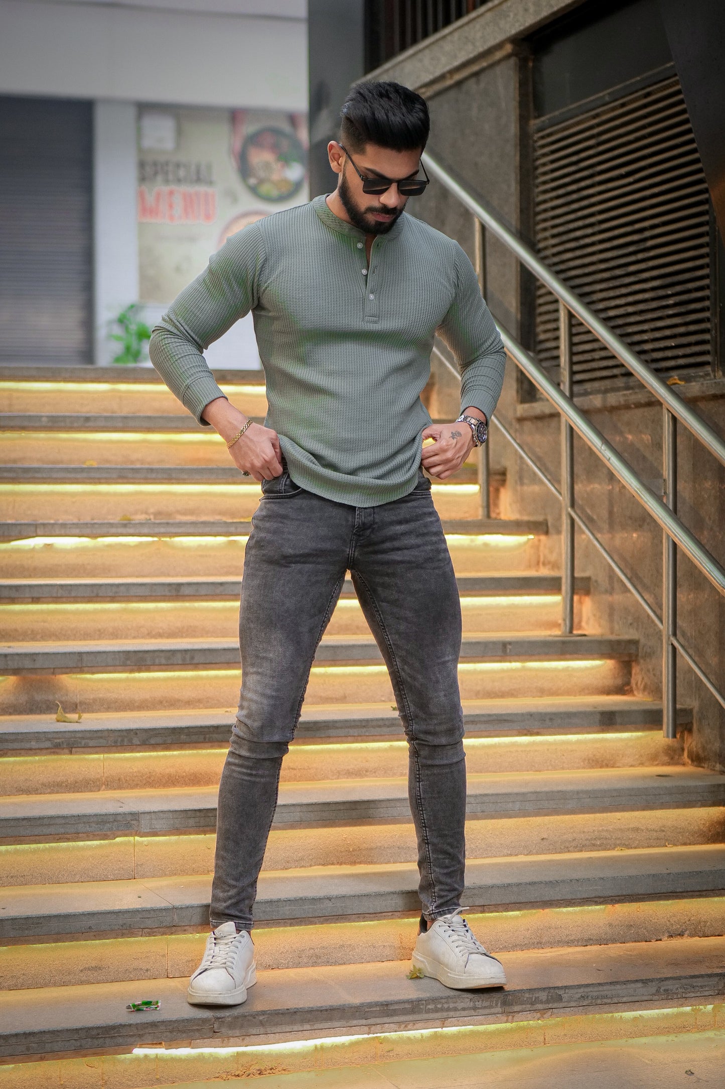 Greenish Grey Self Waffle Knit Henley T-Shirt
